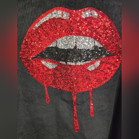 Fantastic Fawn Black Corduroy Jacket with Red Sequins Lip Design Size Medium - Picture 3 of 8